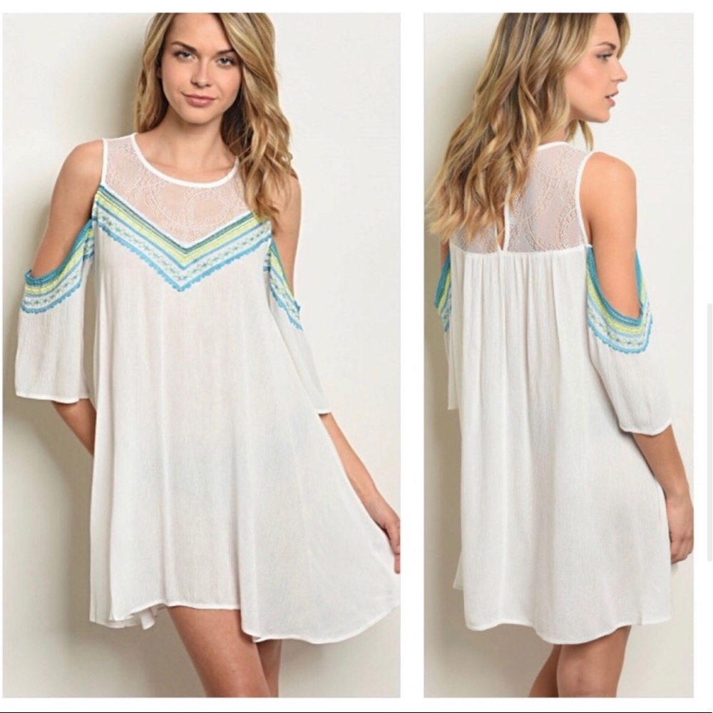 IVORY & BLUE COLD SHOULDER FLORAL DRESS